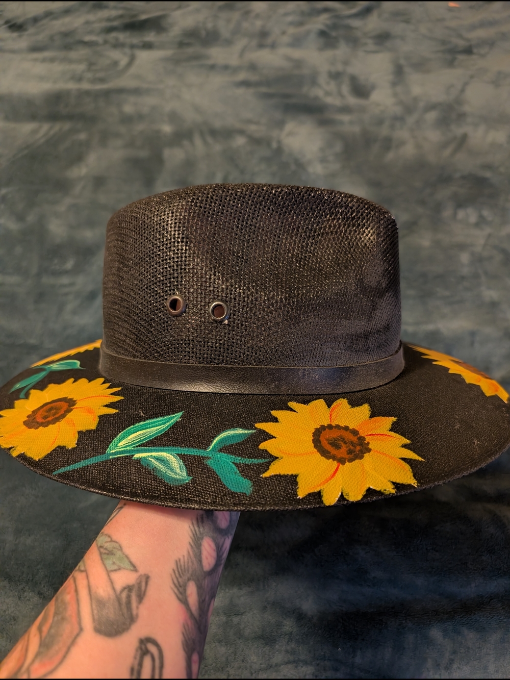 Black Sunflower Hand-Painted Wide-Brim Hat - Picture 2 of 3